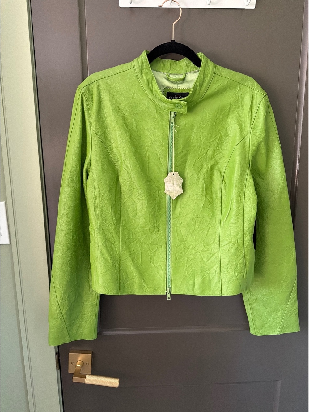 Le Chateau Women’s Genuine Leather Jacket NWT Lime Green Cropped Y2K Moto siz XL